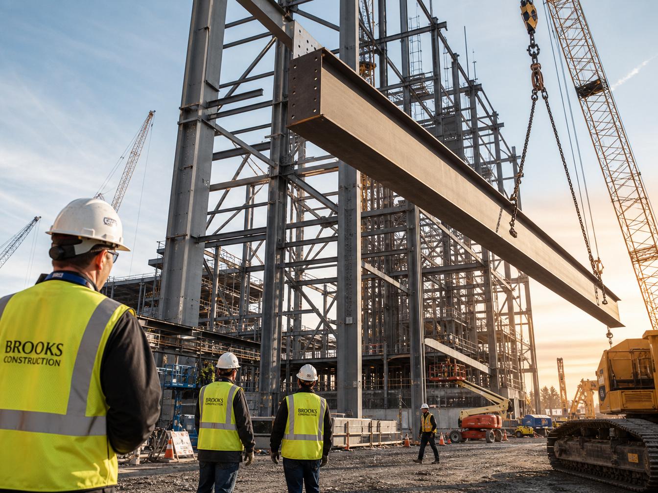 Engineers on a steel construction site with cranes and steel framework