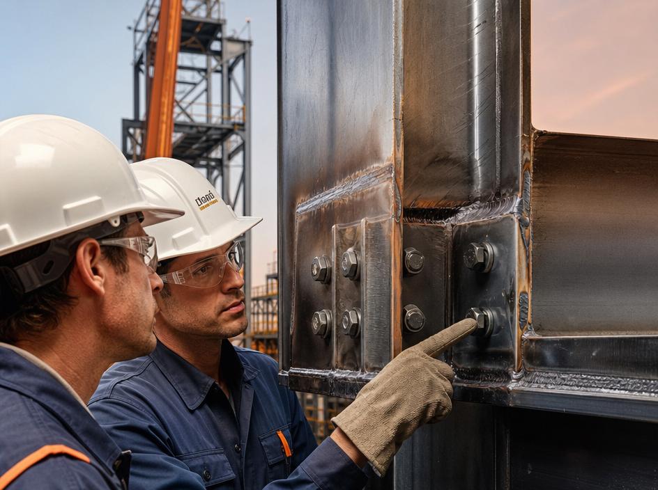 Engineers inspecting a steel beam weld connection