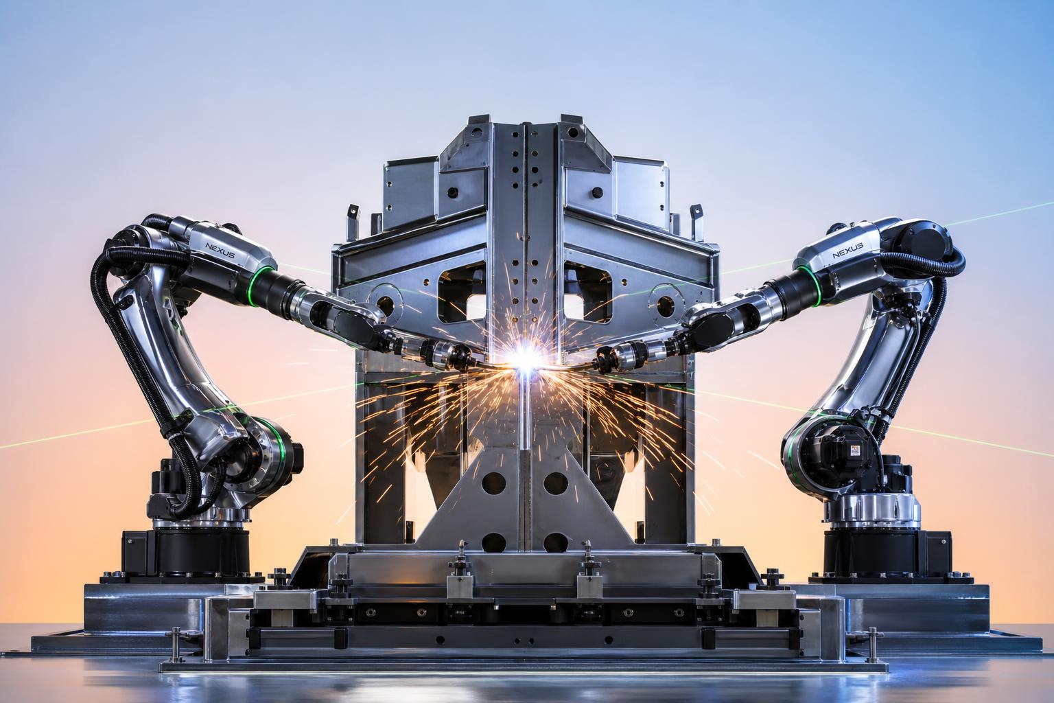 Robotic arms welding a large steel frame inside an AI-driven factory