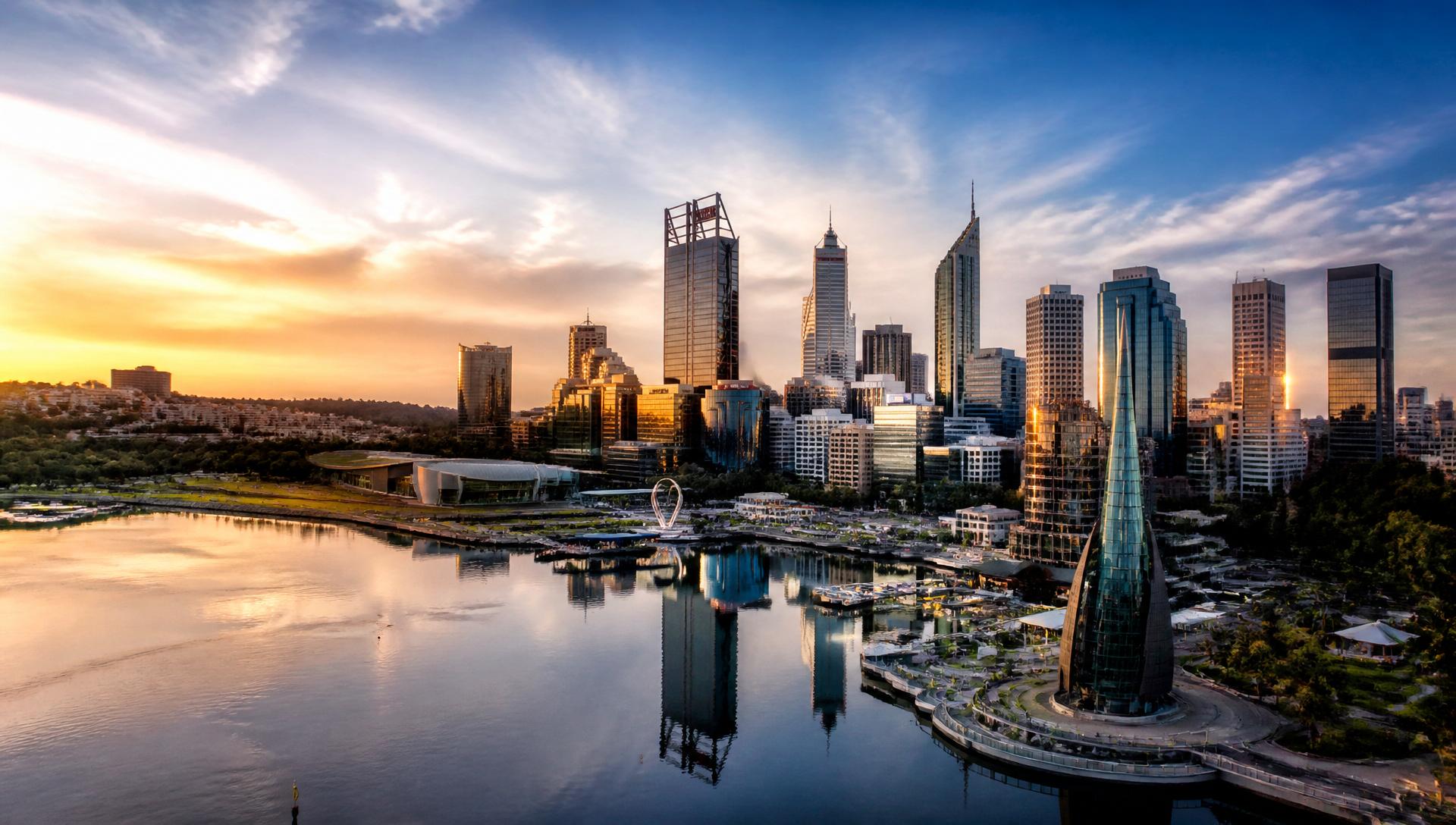 Perth, Western Australia skyline along the Swan River at golden hour